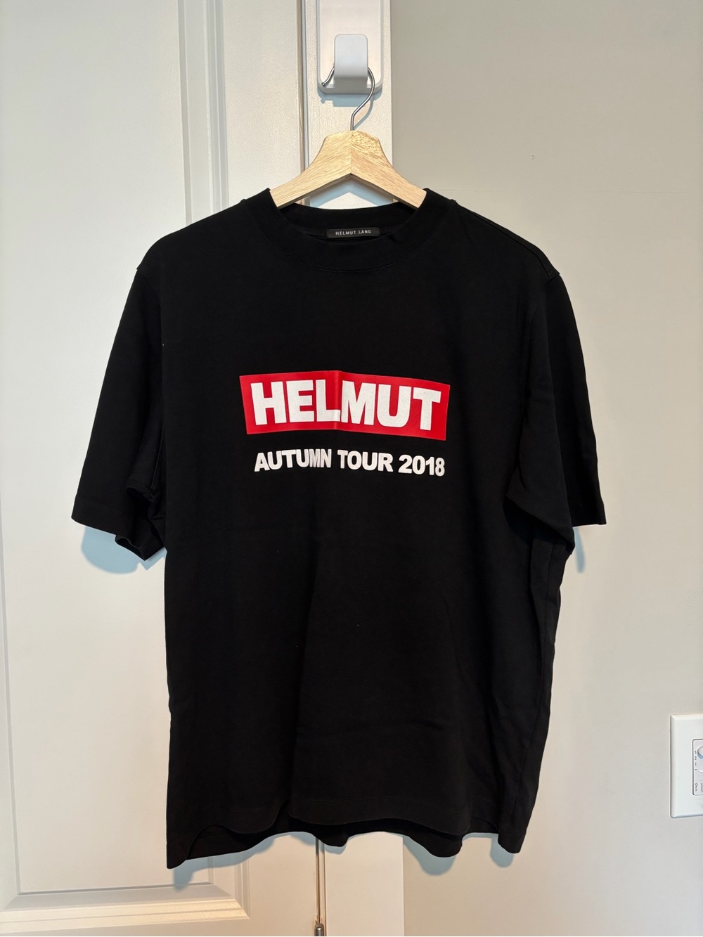 Helmut Lang Black Short-Sleeve 'HELMUT' Logo Tee with Red Graphic